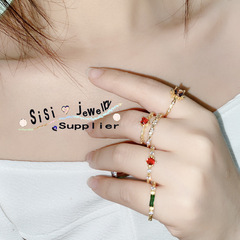 Sisi復古簡約鴿紅寶石戒指 鍍18K金 輕奢綠尖晶氣質優雅鋯石指環