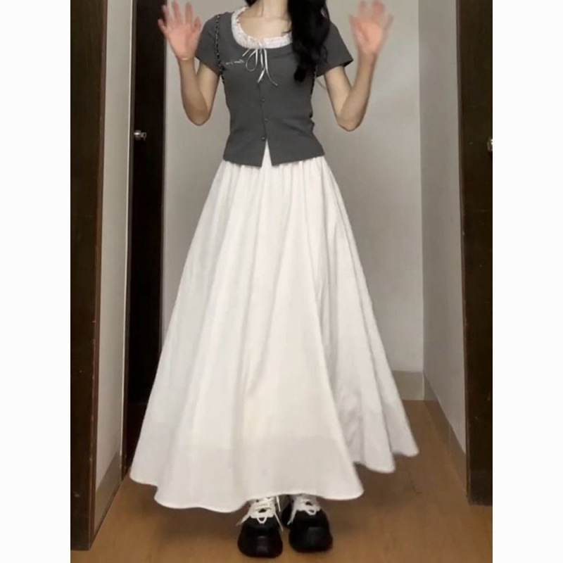 女性のための白い大きな裾のスカート夏の新しいフレンチスタイルスリムフィットアンブレラスカートドレープAラインミドル丈スカート|undefined
