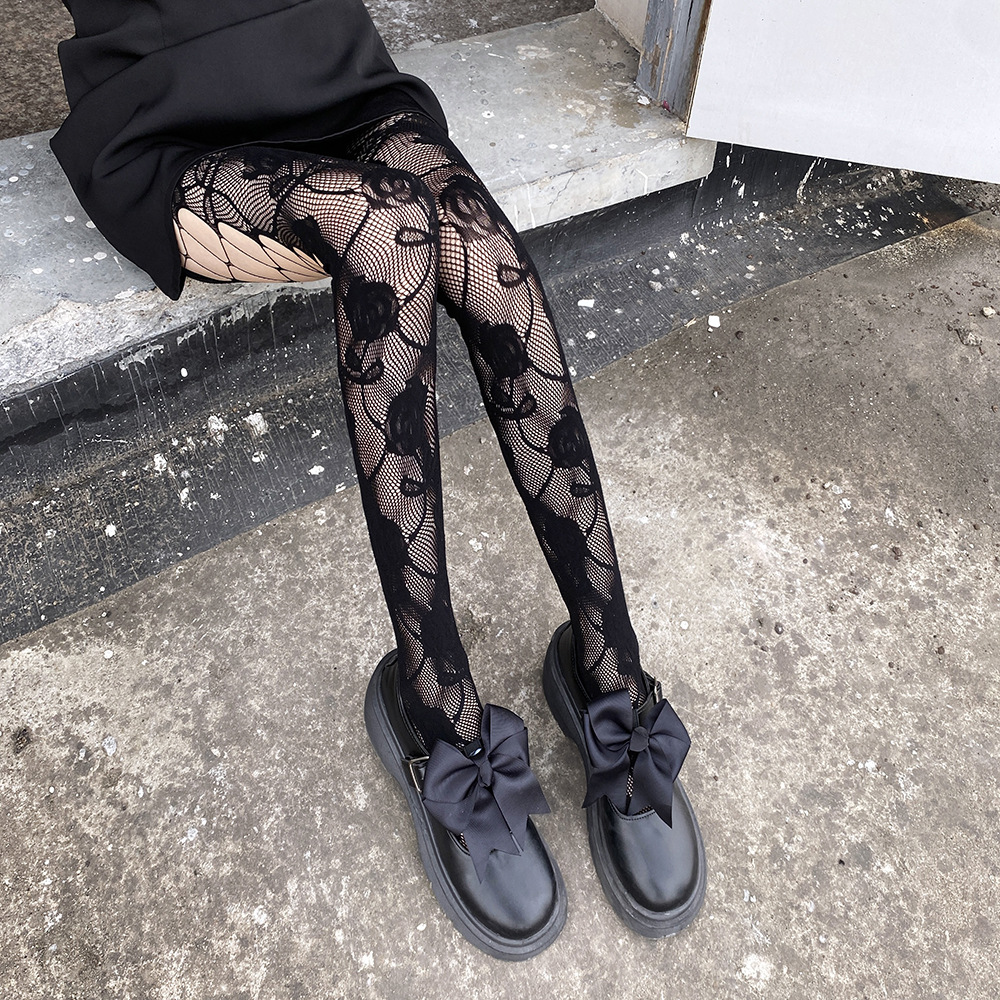 Calze nere con gamba laterale esposta, stile scuro, celebrità di Internet, calze di base, calze a rete sottili JK in jacquard cavo_voghion.com