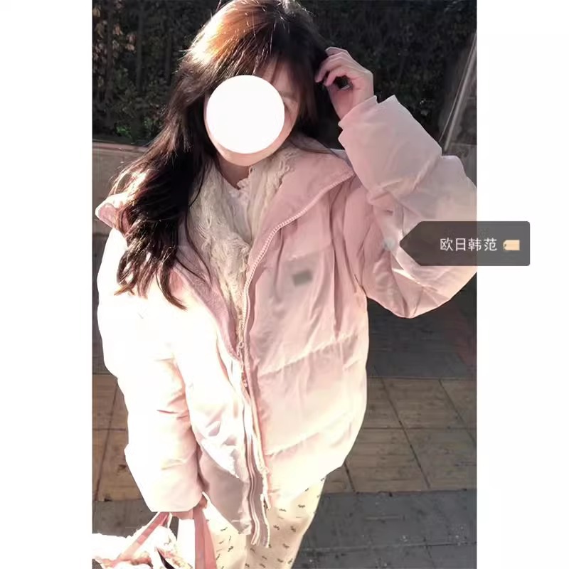 好质量本地库存潮牌粉色立领棉服女冬季甜美温柔风宽松保暖棉衣服
