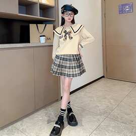 女童套装春秋款新款中大童装小女孩学院风娃娃领卫衣套裙两件套潮