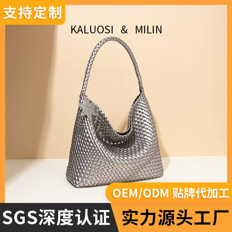 Женская повседневная сумка-тоут из плетеной ткани, вместительная, универсальная, простая, на одно плечо, сумка-ведро, нишевая женская сумка.