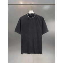 ins巴黎B家夏季新款五金配饰穿孔衣领做旧圆领T恤男女情侣世家tee