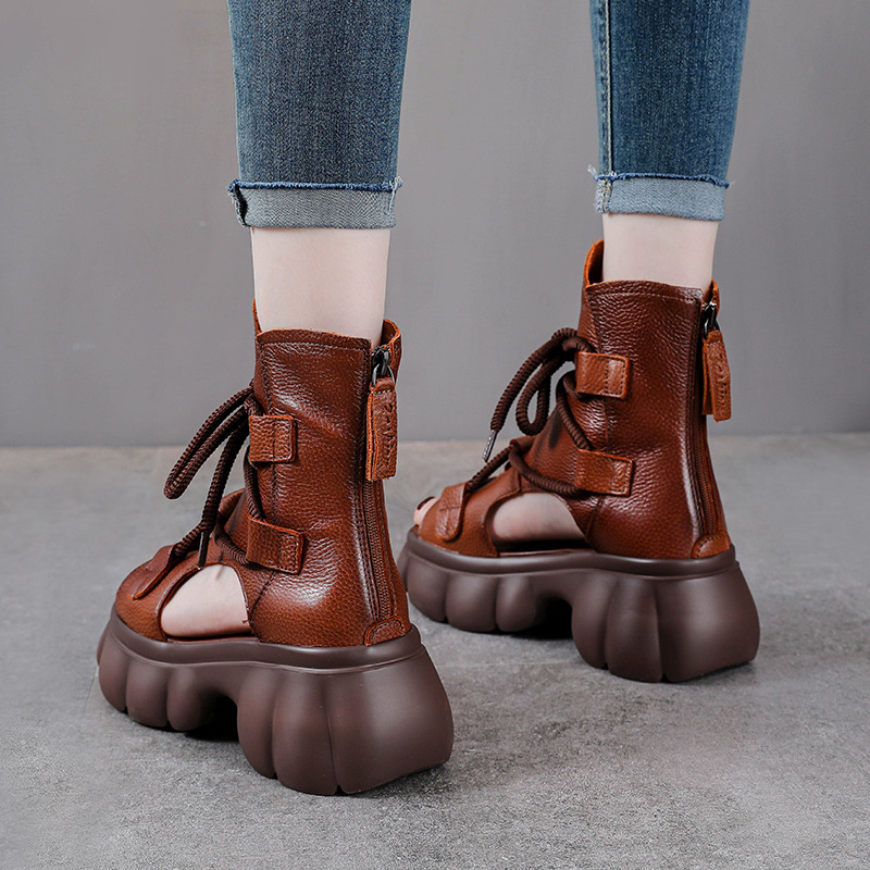 Sandal cao gót nữ hở mũi phong cách La Mã, đế dày, da bò thật, cổ cao lỗ thoáng — màu be