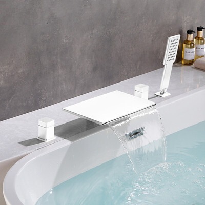 Bathtub Soaking Pool Full Hot and Cold Water Faucet Set with Large Flow Waterfall Outlet and Tub-Side Faucet