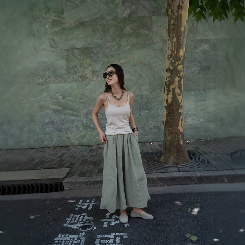 Spanish Niche Loose Wide-Leg Pants Vintage Artistic Sand-Washed Linen Skirt Pants Wide-Leg Pants Casual Versatile Pants for Women