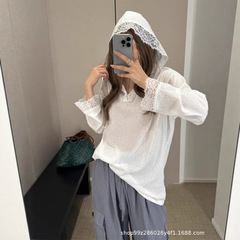 南油品质亚麻蕾丝拼接连帽长袖T恤女25SS早秋宽松打底上衣女