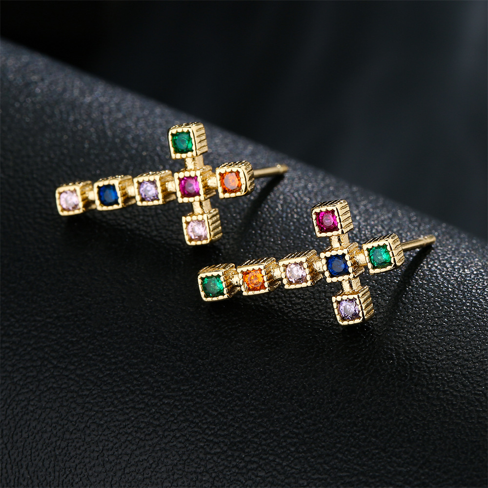 Fashion copper 18K gold three-dimensional cross zircon earrings female new stud