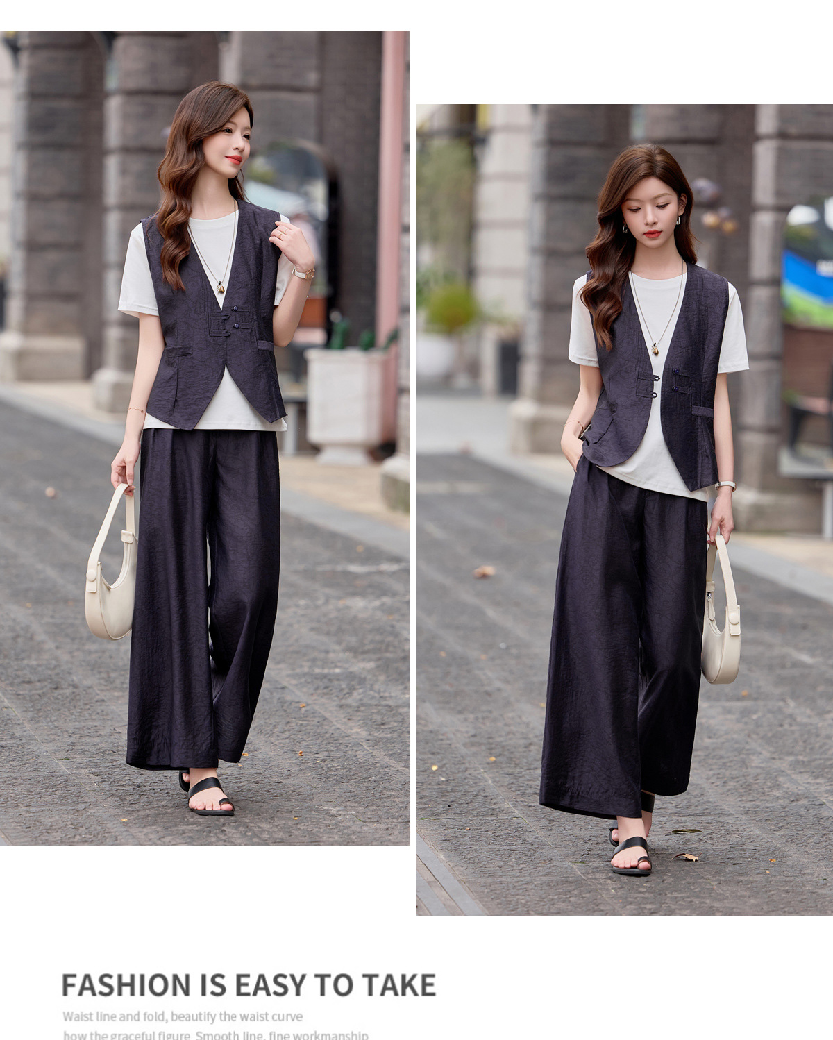 Bộ quần áo nữ hai mảnh gồm áo vest cổ V và quần ống rộng phối đồng bộ — Đỏ nâu, Xanh lông mòng đen chi tiết 15