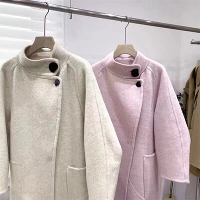 灰色双面羊绒22秋冬新款韩系高级感宽松中长款立领加厚蚕丝女韩