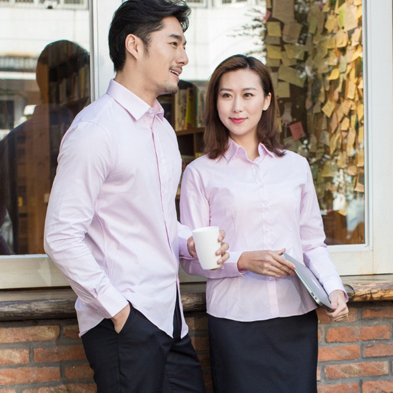 品牌jfelvls男女款长袖衬衫商务修身休闲免烫棉衬衣粉蓝色一件发