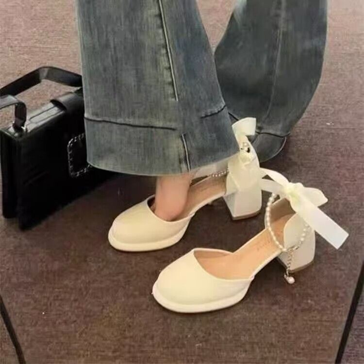 Bowknot Women's Shoes 2026 New Dopamine Style Cheap High Heels Beaded Square Heel Fashion Versatile Round-Toe Women's Shoes