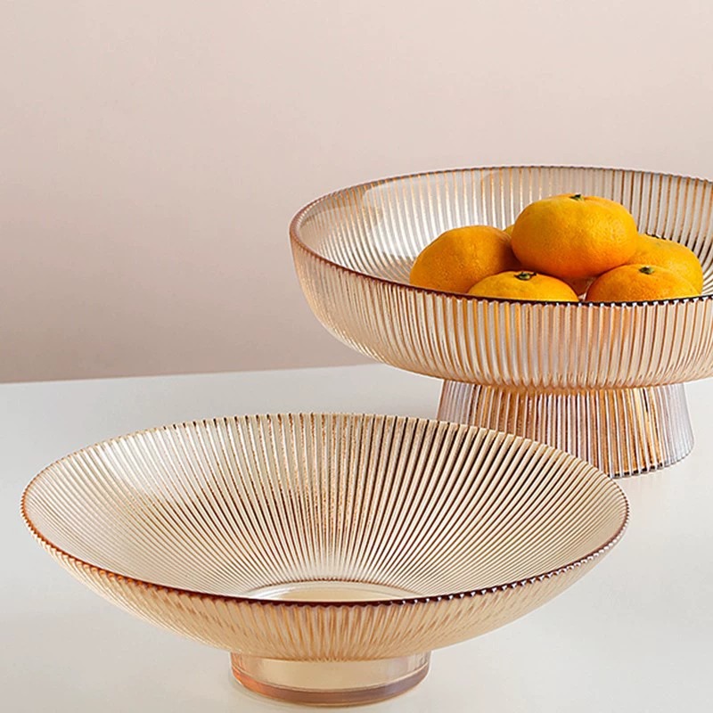 Platos de frutas de vidrio de pies altos, platos de frutas secas a rayas de alta calidad, mesa de té doméstica, bocadillos de pies bajos, platos de frutas de alta calidad