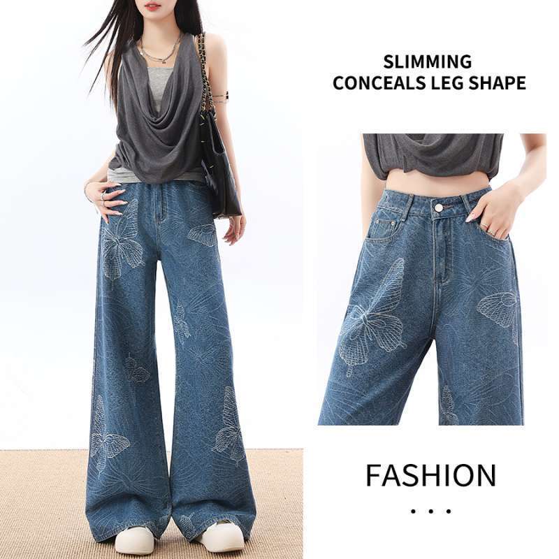 In-Stock Wholesale Wide-Leg Jeans for Women with Embroidered Silver Butterfly Pattern, High-Waisted, Slimming, Fashionable Straight-Leg Floor-Length Jeans In-Stock Wholesale Wide-Leg Jeans for Women with Embroidered Silver Butterfly Pattern, High-Waisted, Slimming, Fashionable Straight-Leg Floor-Length Jeans