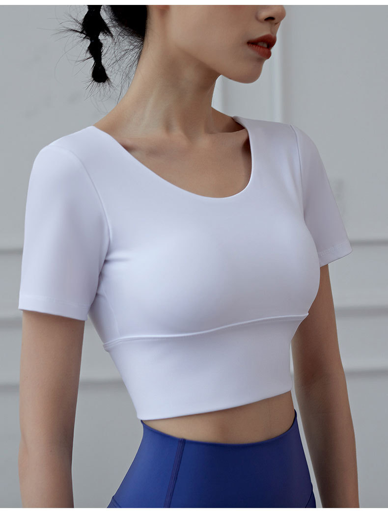 high-elastic short sleeve backless hollow solid color yoga top NSYWH127916