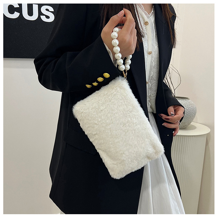 135g Weight Synthetic Leather Lining Material Pearls, Sewing Thread Fashion Element Zipper Closure Type Top Handle Strap Type Handbag Bags Type Casual, Shopping Occasion Plush Material Solid Color Pattern Winter Season Women's Gender Elegant Style Square Shape Women's Plush Solid Color Elegant Pearls Sewing Thread Square Zipper Handbag 7