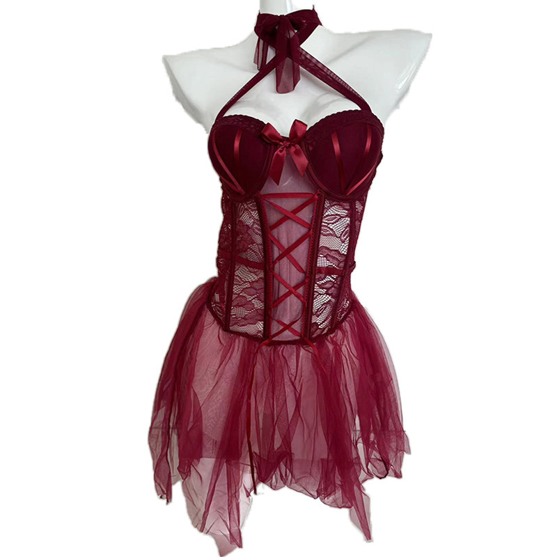 Mu Love Sexy Lingerie Shake Tone Same Style Neck Hanging Steel Ring Gathering Mesh Nightdress Lace Backless Free Uniform