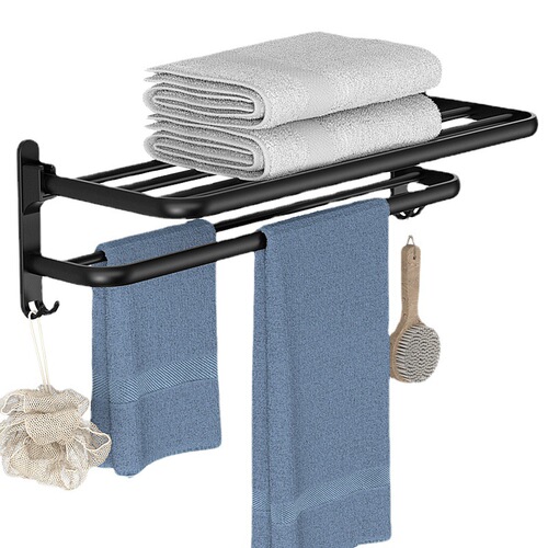 Bathroom towel rack without punching bathroom storage rack wall-mounted foldable bath towel storage rack space aluminum shelf