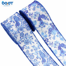 蓝色碎花拷克带铁丝边丝带蝴蝶结花环 DIY工艺礼品包装仿麻带织带