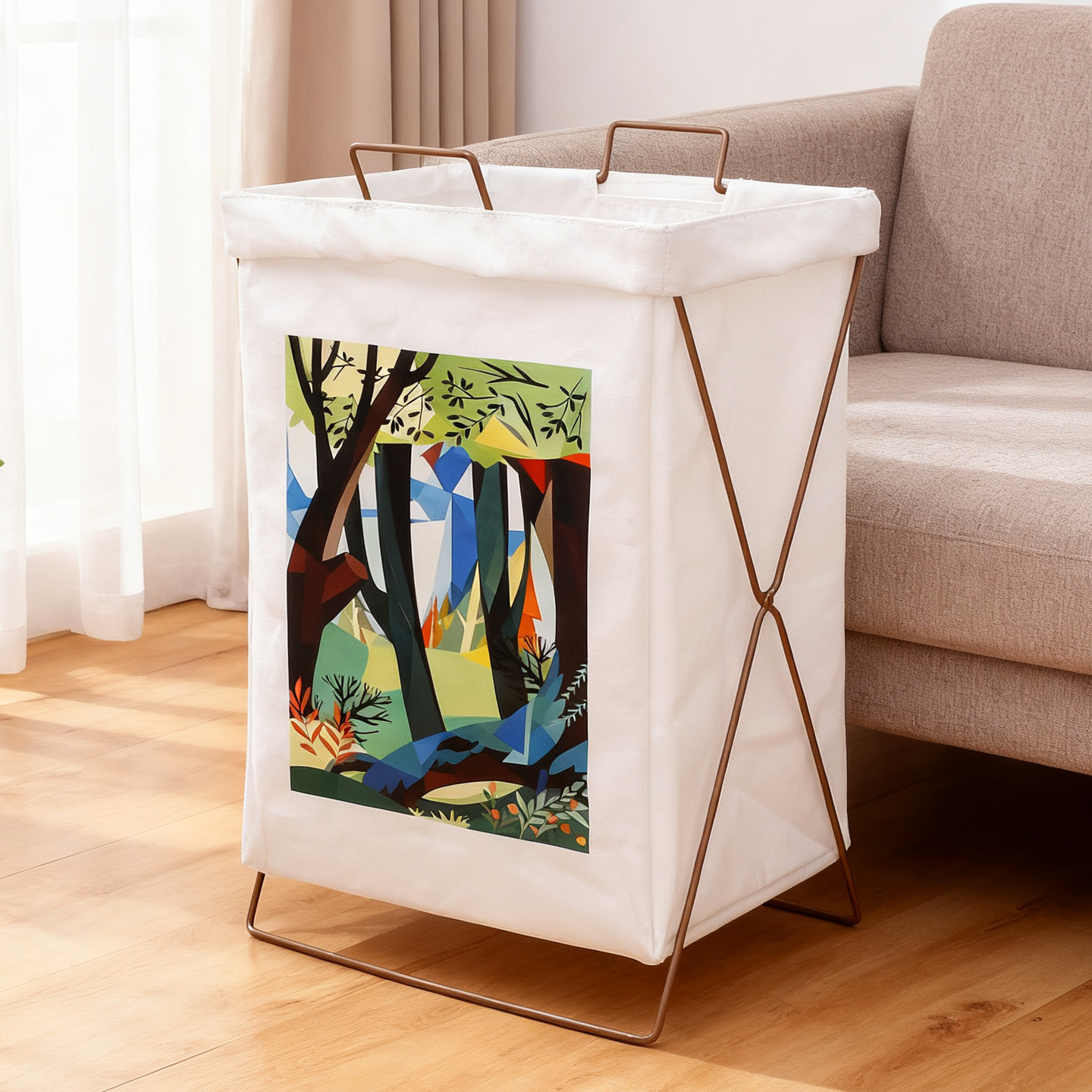 Waterproof cotton linen laundry basket laundry basket clothes storage basket Japanese simple iron bracket fabric folding laundry basket bucket