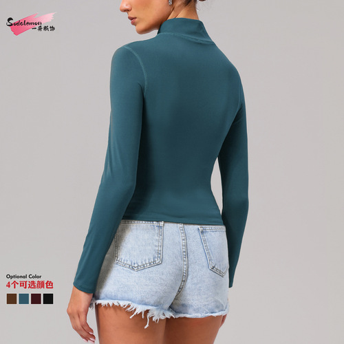 Stand collar zipper yoga dress, women's coat, windproof slim long-sleeved shirt, sports running, solid color, all-match coat