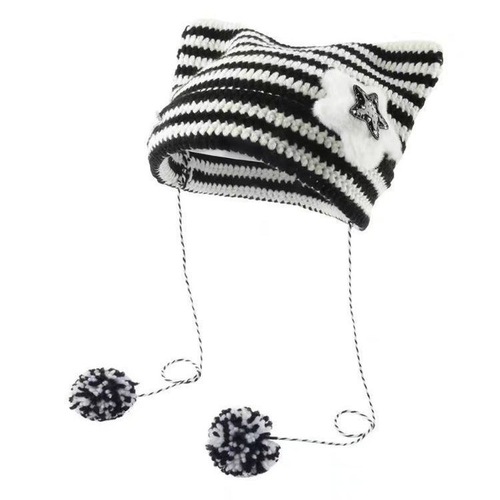 Abby Wind Cat Ear Hat for Girls, Autumn and Winter Y2K Striped Knitted Hat, Korean Style Cute and Warm Beanie