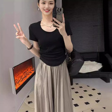 不规则褶皱U领短袖女2024春夏正肩黑色打底衫上衣美式辣妹短款T恤