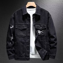 高街牛仔外套男衣服春秋机车2024闪电拼接新款夹克衫黑色潮牌美式