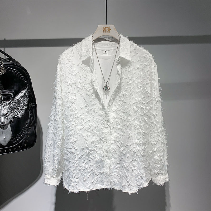 2024 Spring Cold Style Lapel Shirt Men's Long-sleeved Distinctive Hollow-out Mesh Translucent Design Sense Niche Shirt