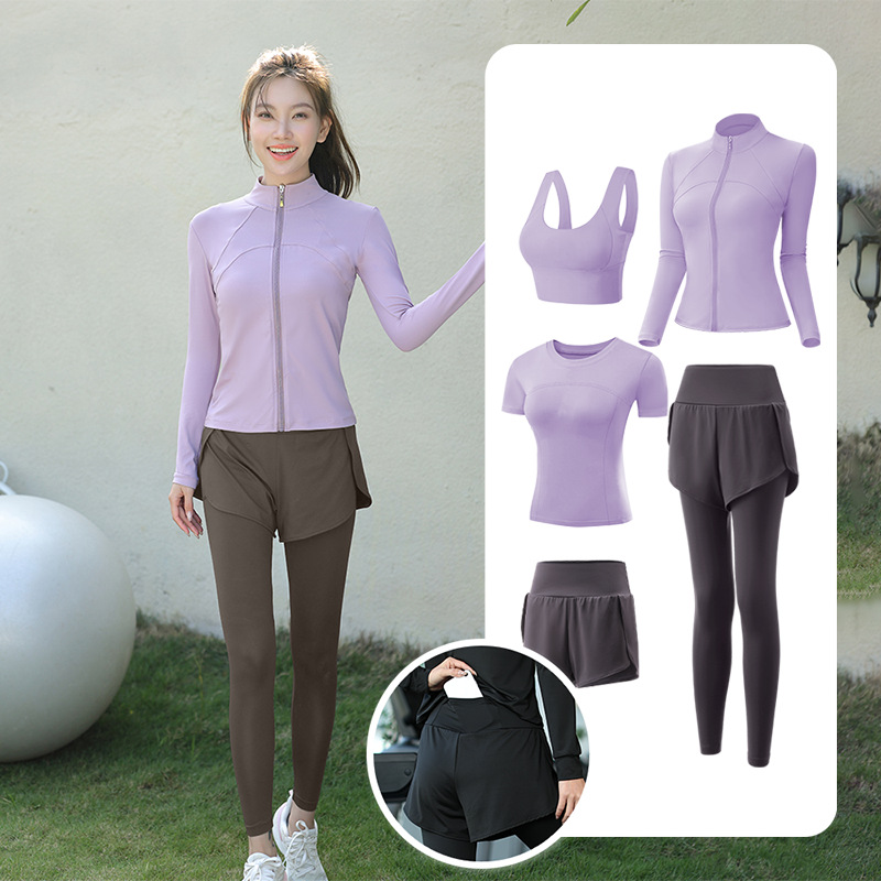 Trajes de yoga para mujeres de verano para correr ropa deportiva suelta rápida ropa seca bolsillo para correr trajes de mujeres de la mañana para correr comercio exterior