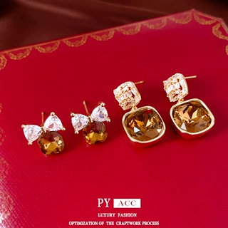 14k真金电镀银针镶钻锆石方形耳钉轻奢高级感耳环中古风设计耳饰