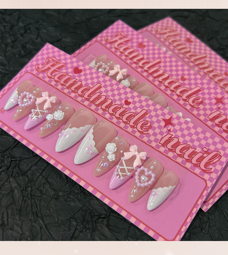 Plastic Material French Style Sweet Flower Bow Knot Plastic Press-on Nails 1 Set