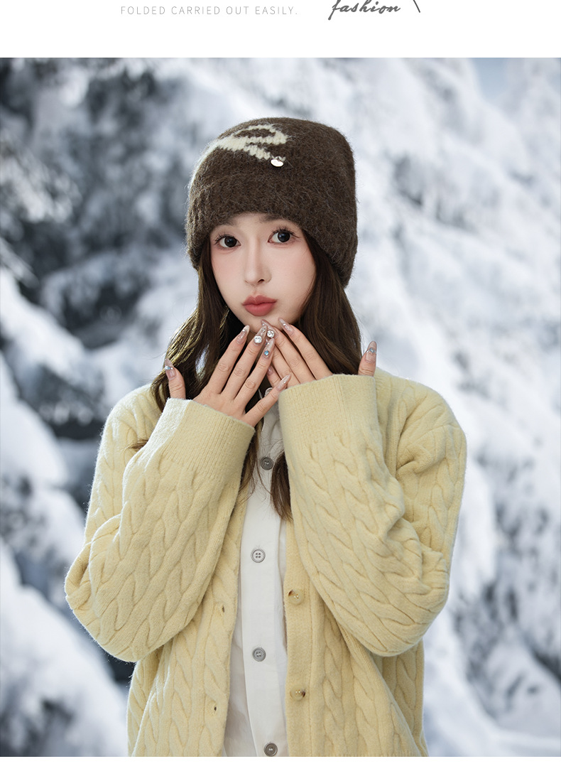 Swee Cue Bow Jacquard Knied Beanie Auumn Winer Lierary Versaile Large Head Circumference Wool Cold-proof Warm_voghion.com