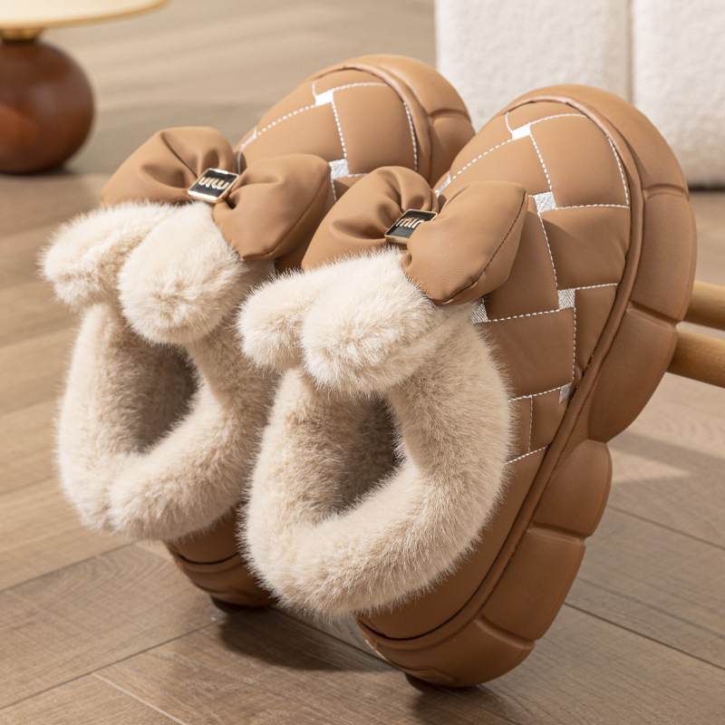 Nuevos zapatos de algodón para mujer, nuevos zapatos de algodón de suela gruesa con lazo de invierno, antideslizantes y de terciopelo, botas de nieve cálidas para el hogar y al aire libre