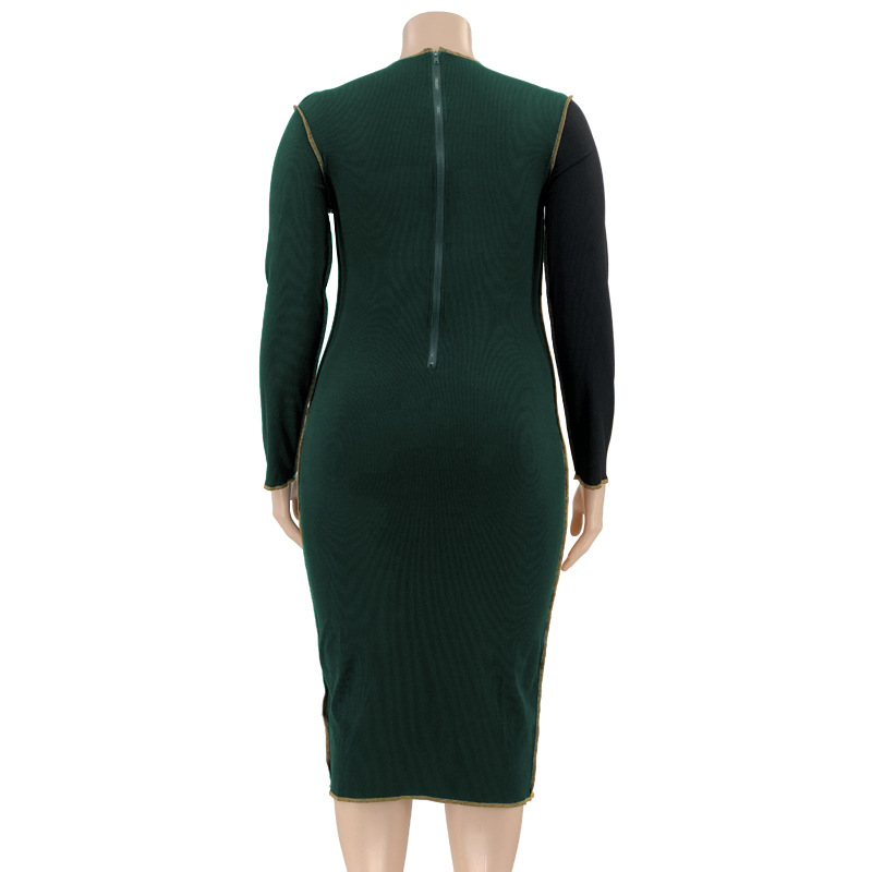 Regular Dress Elegant Round Neck Patchwork Rib-Knit Long Sleeve Color Block Midi Dress Daily display picture 38