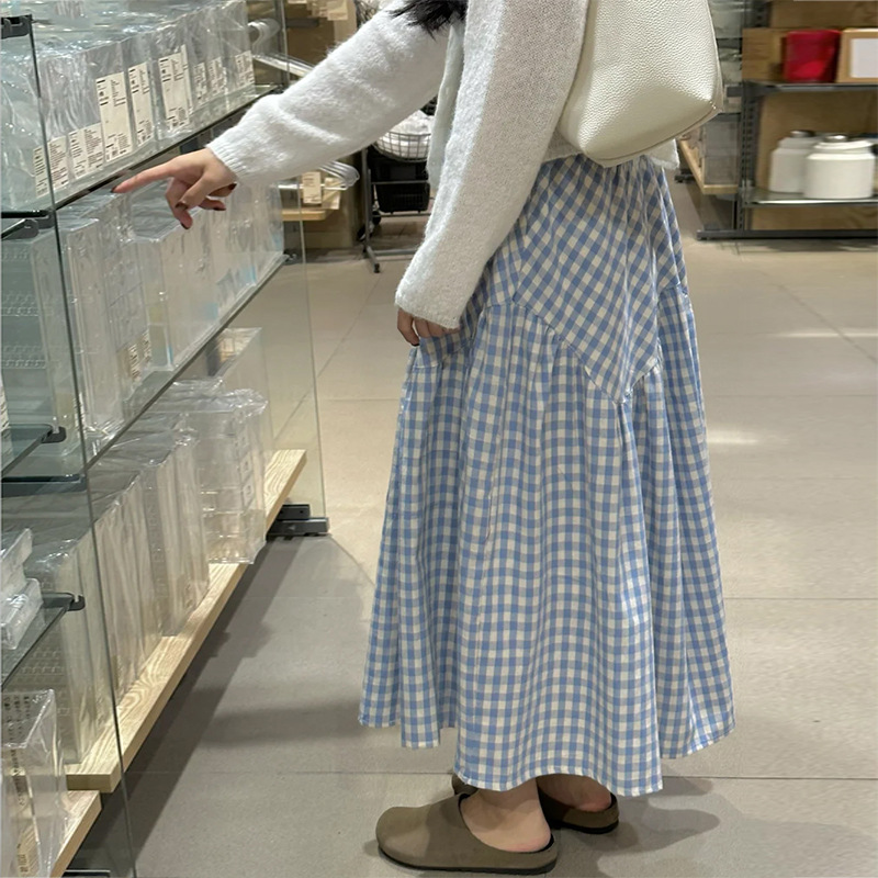 Retro Blue Plaid Skirt for Women Spring and Summer 2026 Petite High-Waisted Asymmetrical Mid-Length Patchwork A-Line Skirt