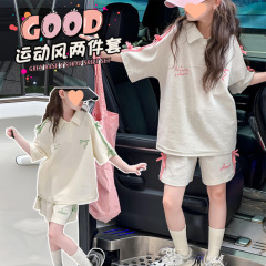 女の子スーツ 2025 夏の新韓国スタイルリボンポロ半袖ショーツ大きな子供カジュアルスポーツ