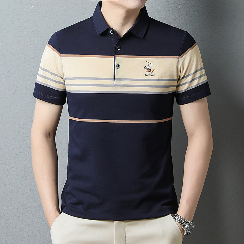Pearl Cotton Shirt Short Sleeved T-Shirt With Lapel Collar, Casual Stripes, Youth Fashion Polo Shirt, Men's T-Shirt_voghion.com