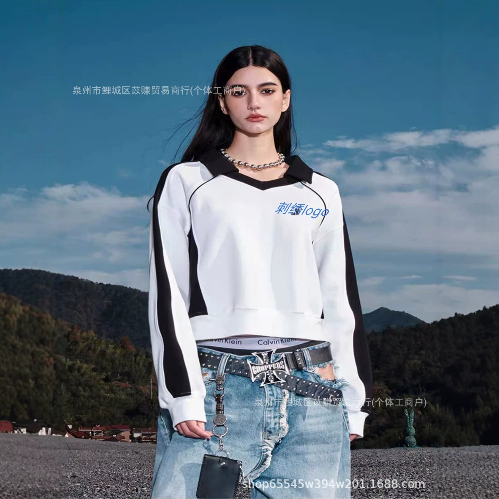 New women's casual loose-fitting trendy solid color long-sleeved basic women's polo shirt with letter collar