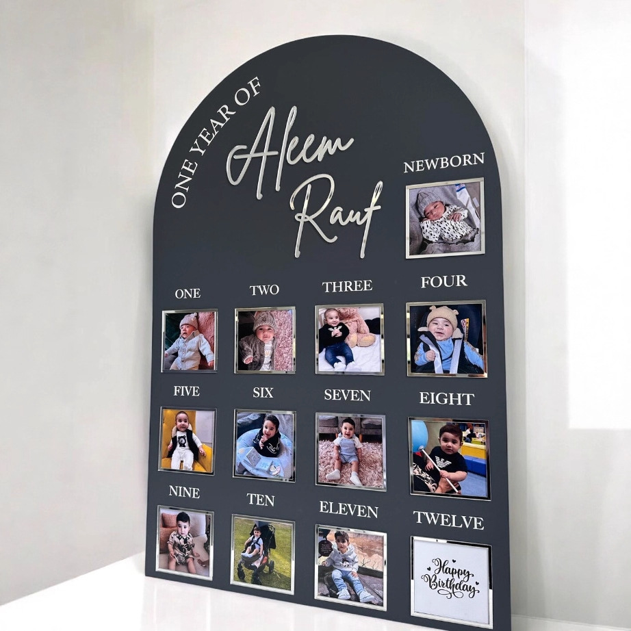 Hito de un primer año de cumpleaños tablero de fotos, lenguaje de señas de un año de bebé, tablero de hito, tarjeta de cumpleaños personalizada de un año