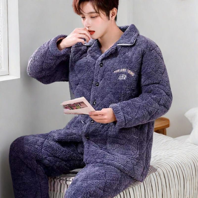 Cross-Border Cotton Elderly Pajamas for Grandpa, Loose Home Three-Layer Men's Thickened Extra Thick Type, Thickened Size for Middle-Aged and Elderly