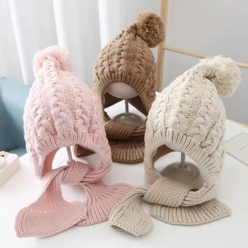 秋冬加绒保暖男女宝宝毛线儿童一体帽韩版包头护耳防风帽子围巾