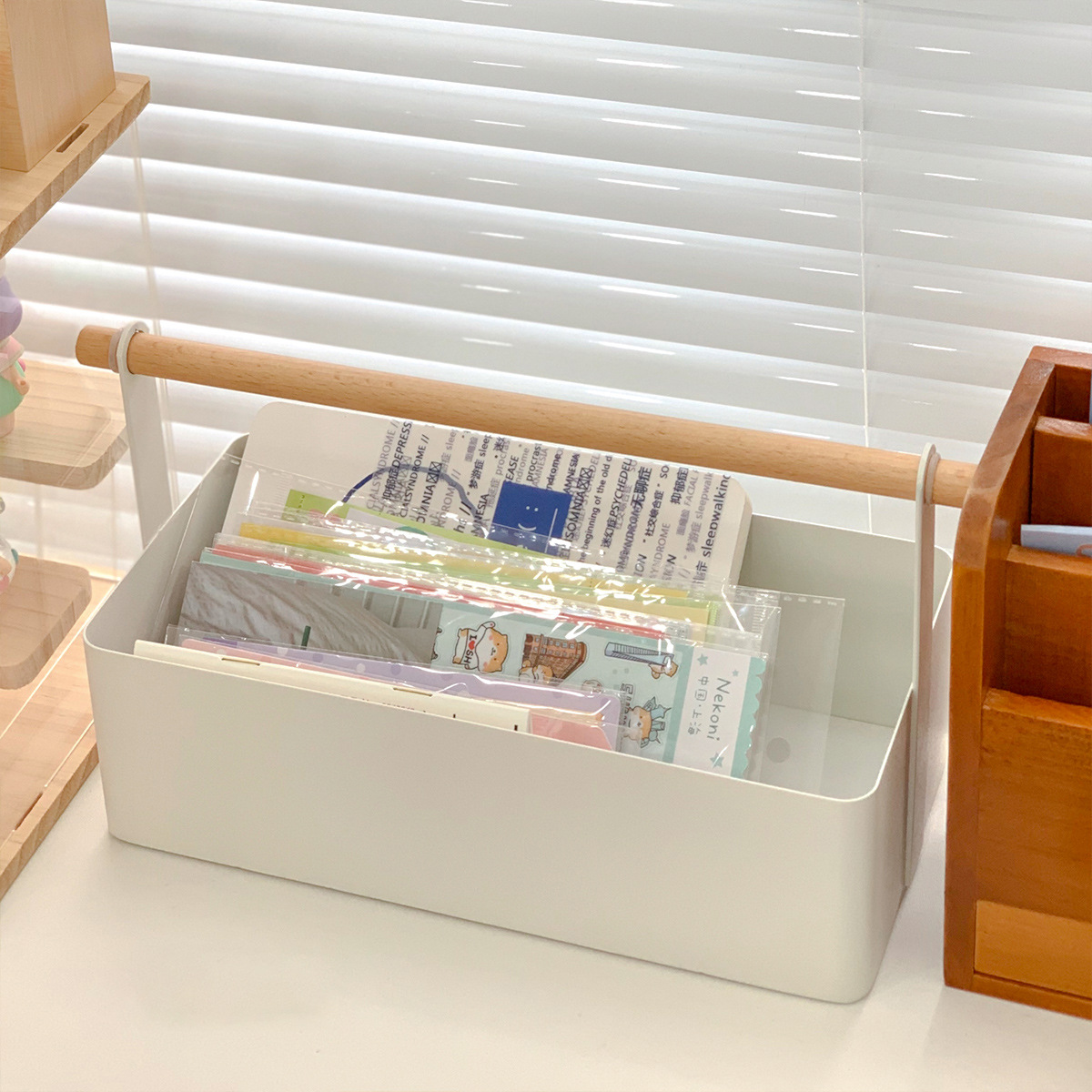 White simple wrought iron wooden stick cosmetics makeup brush skin care product storage box portable rectangular desktop storage box