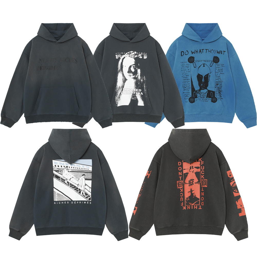 ERD melancólico rico de segunda generación alta calle lavado en agua hacer letras viejas imprimidas camisetas callejeras casuales hombres y mujeres encapuchados moda