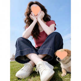 玫粉色方领坑条小飞袖T恤女士夏季新款设计感独特漂亮巨好看上衣