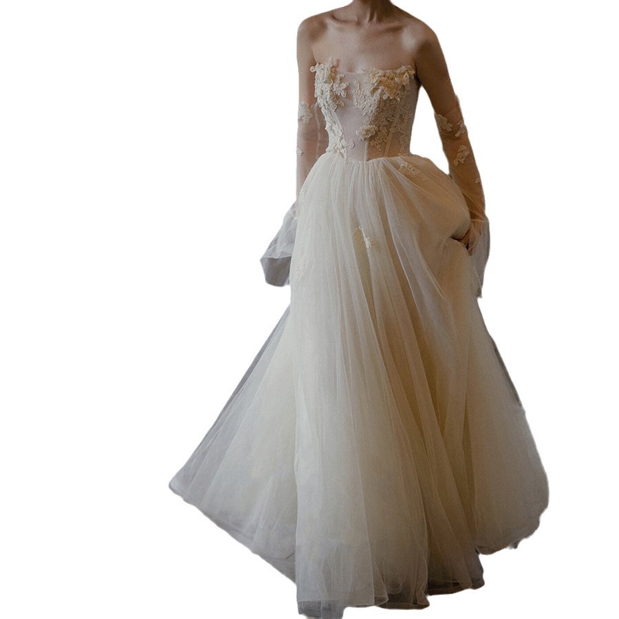 Comercio exterior brindis de pecho ligero vestido de novia arroz blanco de hadas encaje vestido de baile vestido de boda vestido de brindis vestido