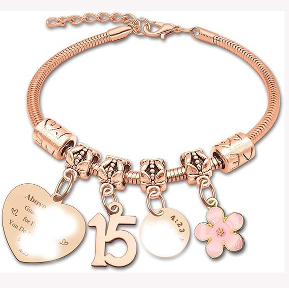 Cross-border stainless steel bracelet with number tag, heart and flower pendant, birthday gift bracelet, stainless steel bracelet Cross-border stainless steel bracelet with number tag, heart and flower pendant, birthday gift bracelet, stainless steel bracelet