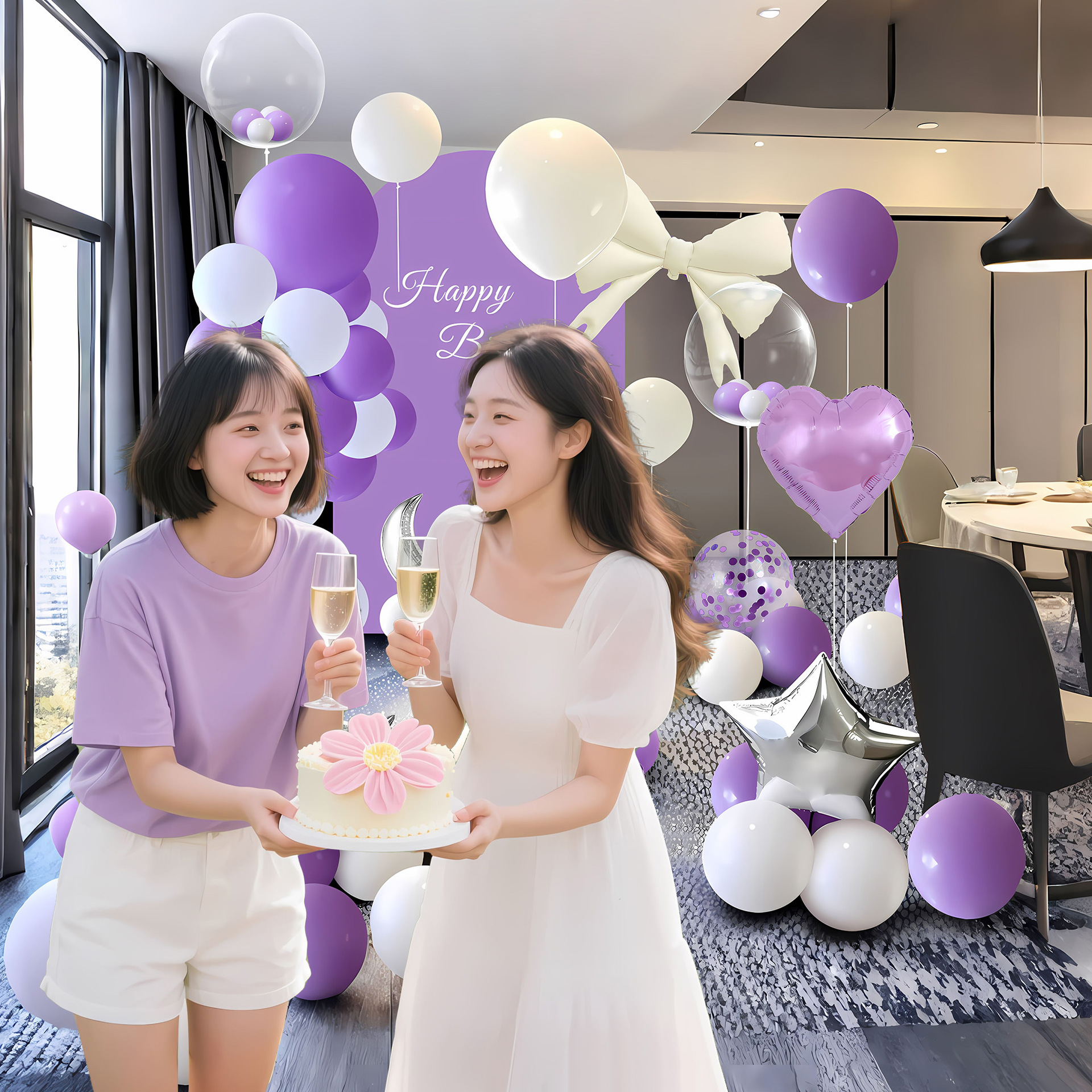 Cumpleaños sorpresa feliz globo fiesta decoración escena diseño novio marido atmósfera avanzada props