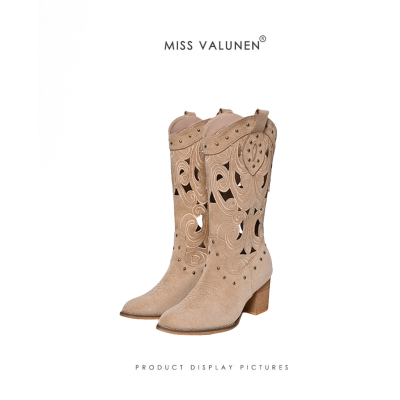 2024 New Summer Style Rivet Retro Democratic Style Hollow High Heel Boots Pointed Toe Thick Heel Western Women