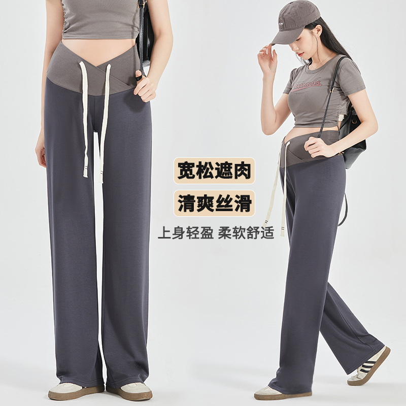 Maternity pants, spring and summer thin, outerwear, loose low-rise wide-leg pants, casual and fashionable, drawstring design, plus-size maternity wear